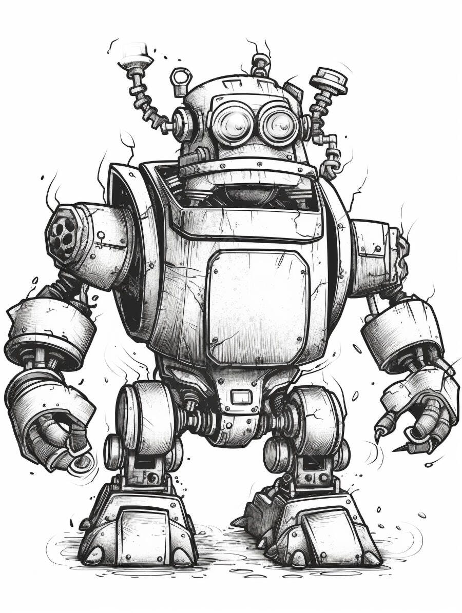Robô industrial vintage ilustração em preto e branco isolado
