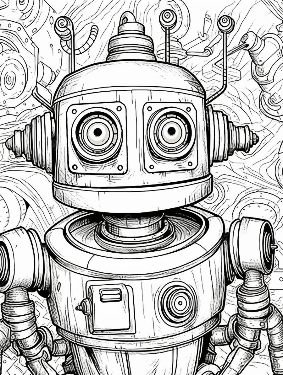 Robô vintage desenho para colorir em fundo mecânico
