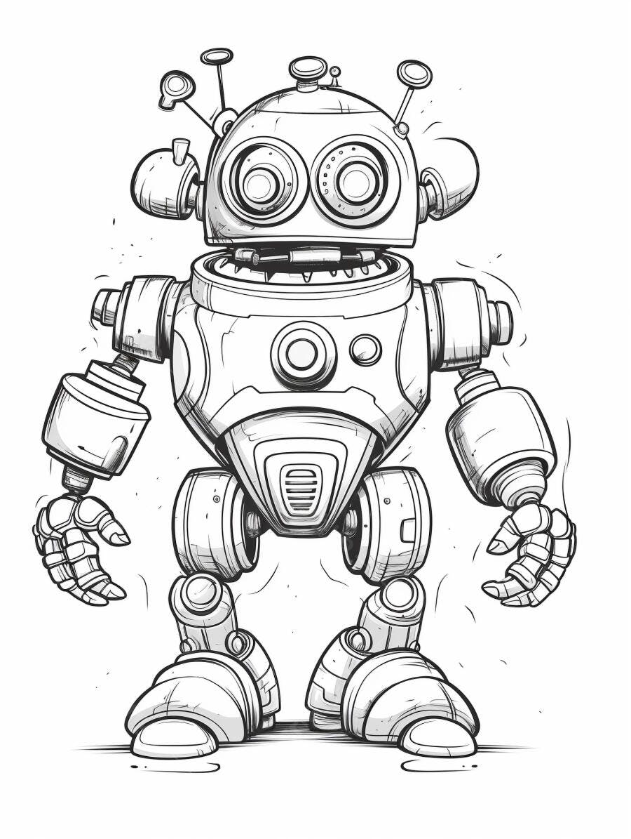 Robô desenho animado ilustração amigável em preto e branco