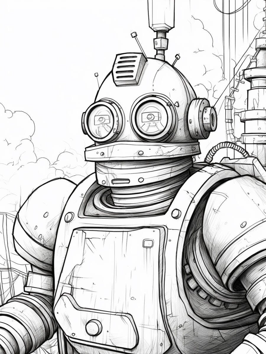Robô desenhado com olhos grandes estilo vintage em cenário industrial futurista