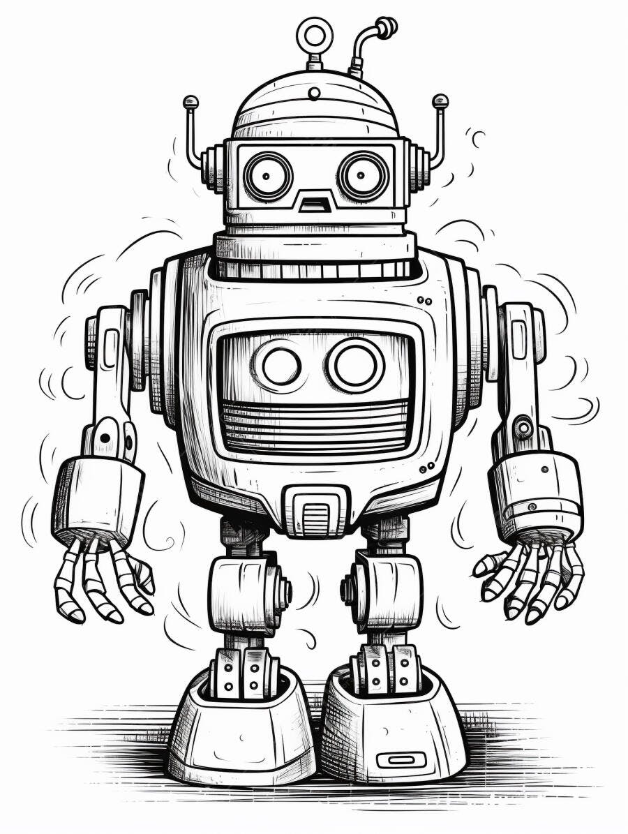 Robô vintage de desenho animado em preto e branco com antenas e hachuras