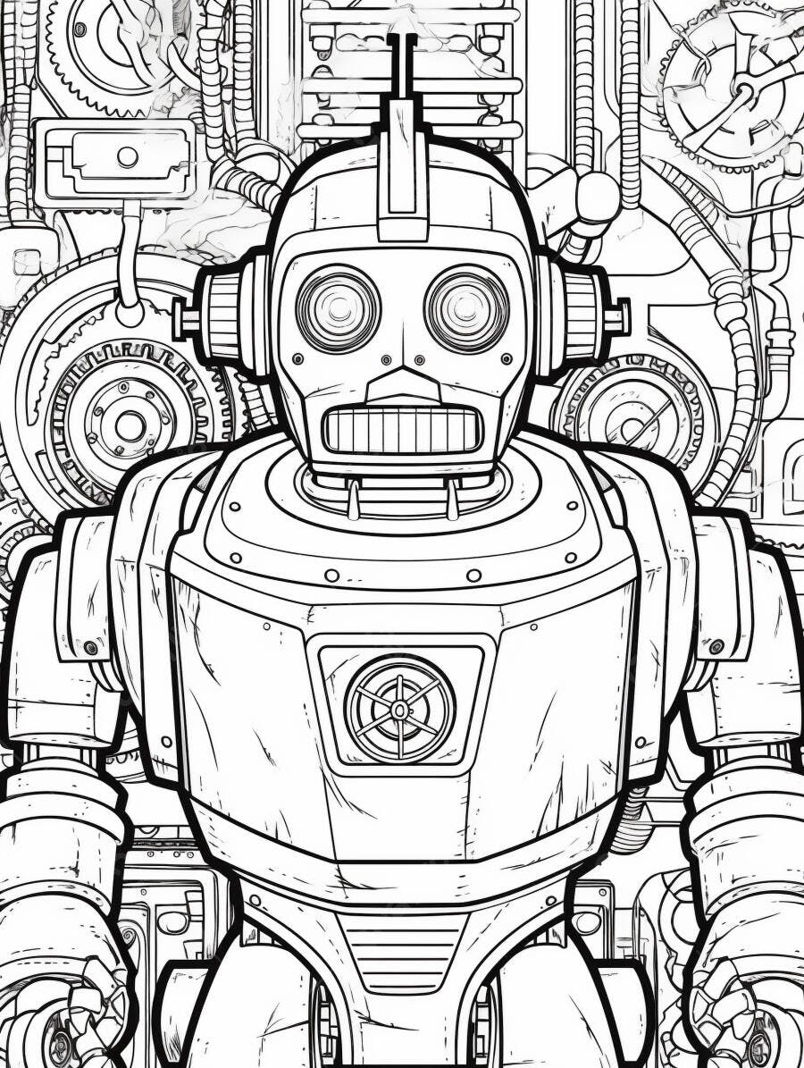 Robô retro futurista em desenho de linhas pretas para colorir