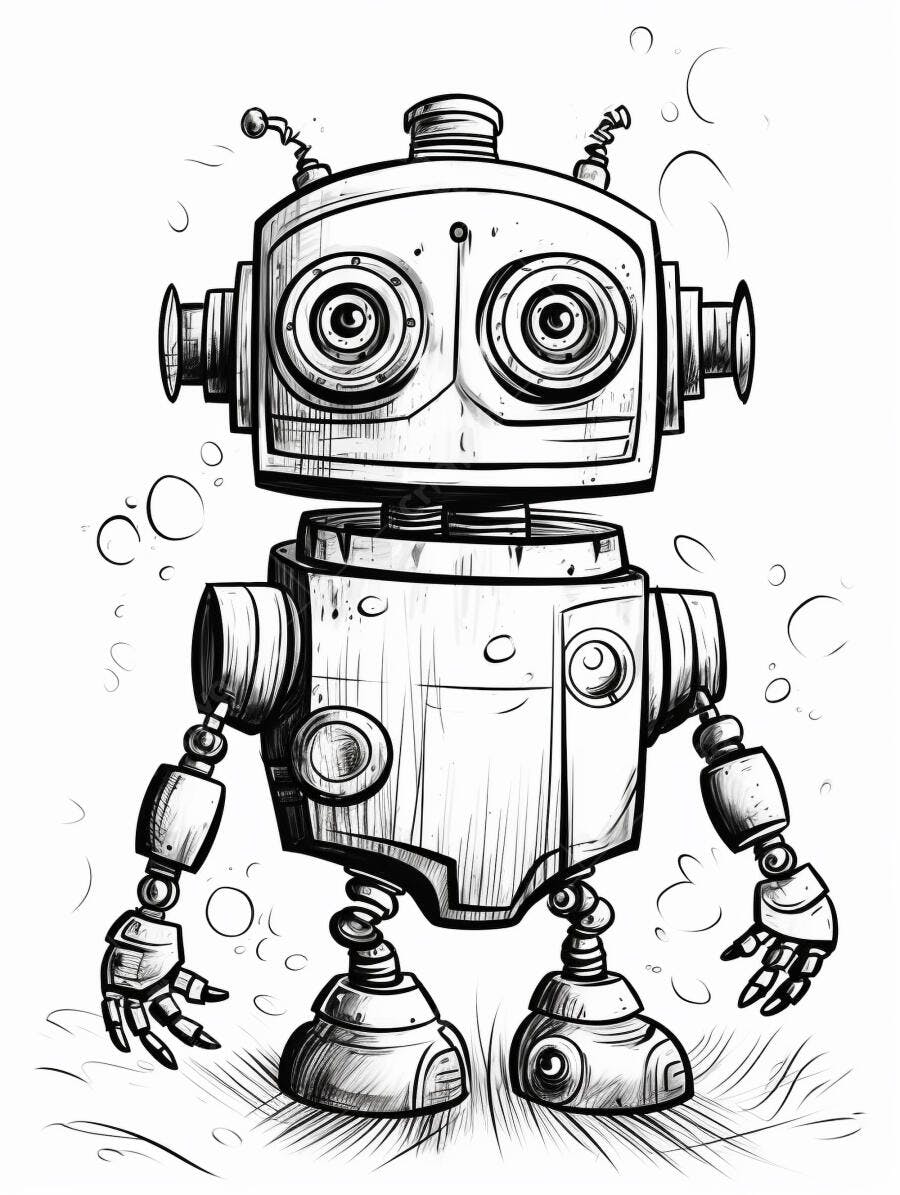 Robô fofo estilo retrô em desenho preto e branco para crianças