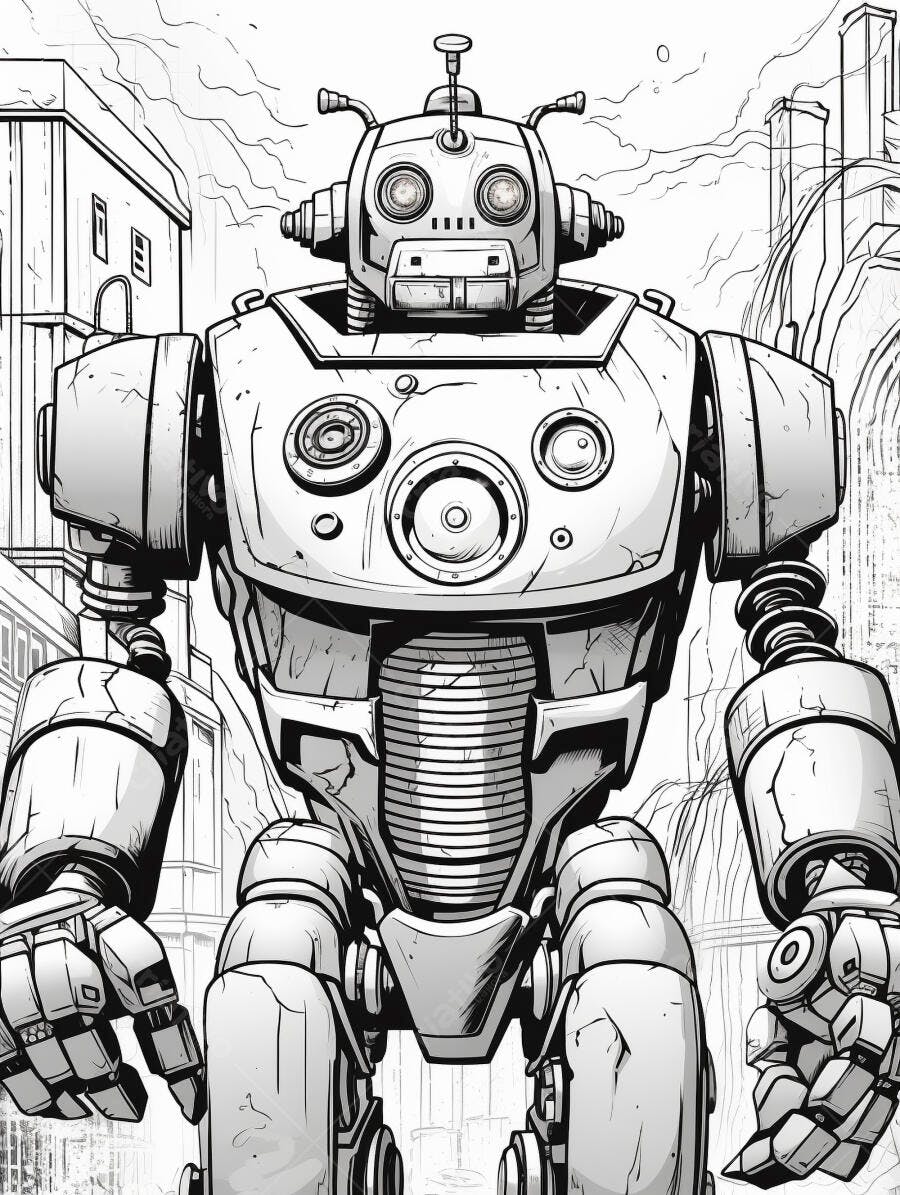 Robô gigante vintage ilustrado em preto e branco no cenário urbano