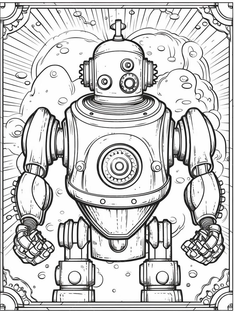 Robô vintage com engrenagens e antenas desenho para colorir