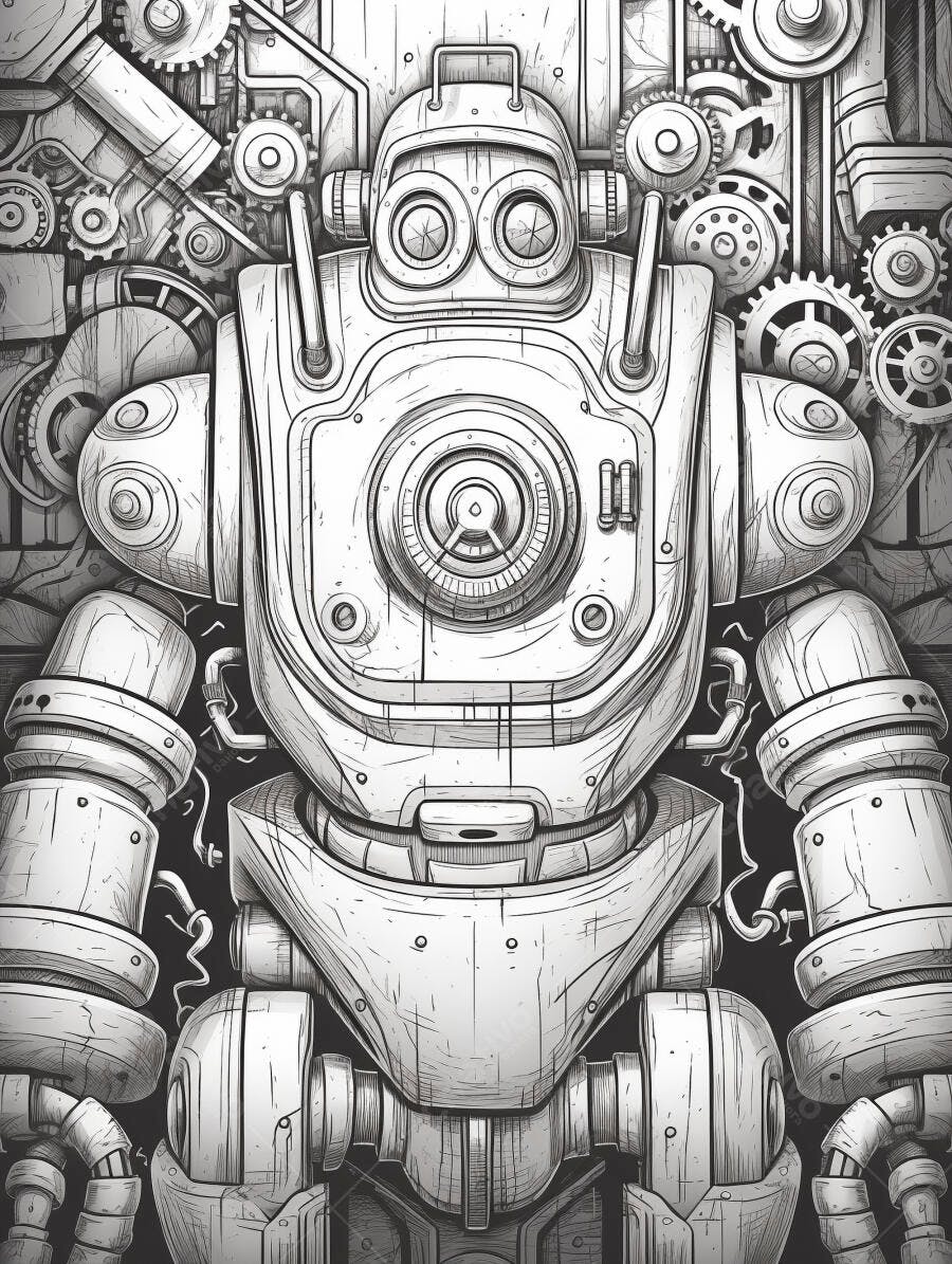 Robô vintage desenho mecânico complexo ilustracao line art em tons de cinza