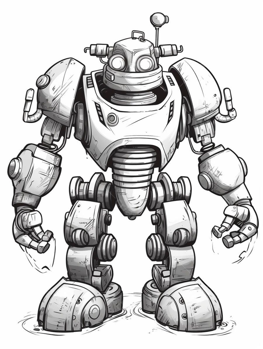 Robô robusto estilo cartoon ilustração preto e branco em pé