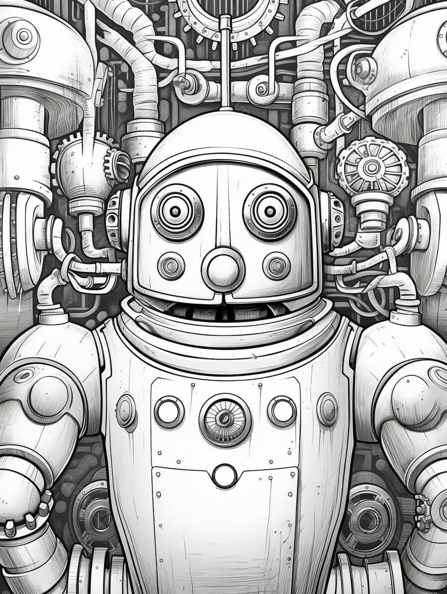 Robô vintage detalhado em cenário industrial futurista monocromático