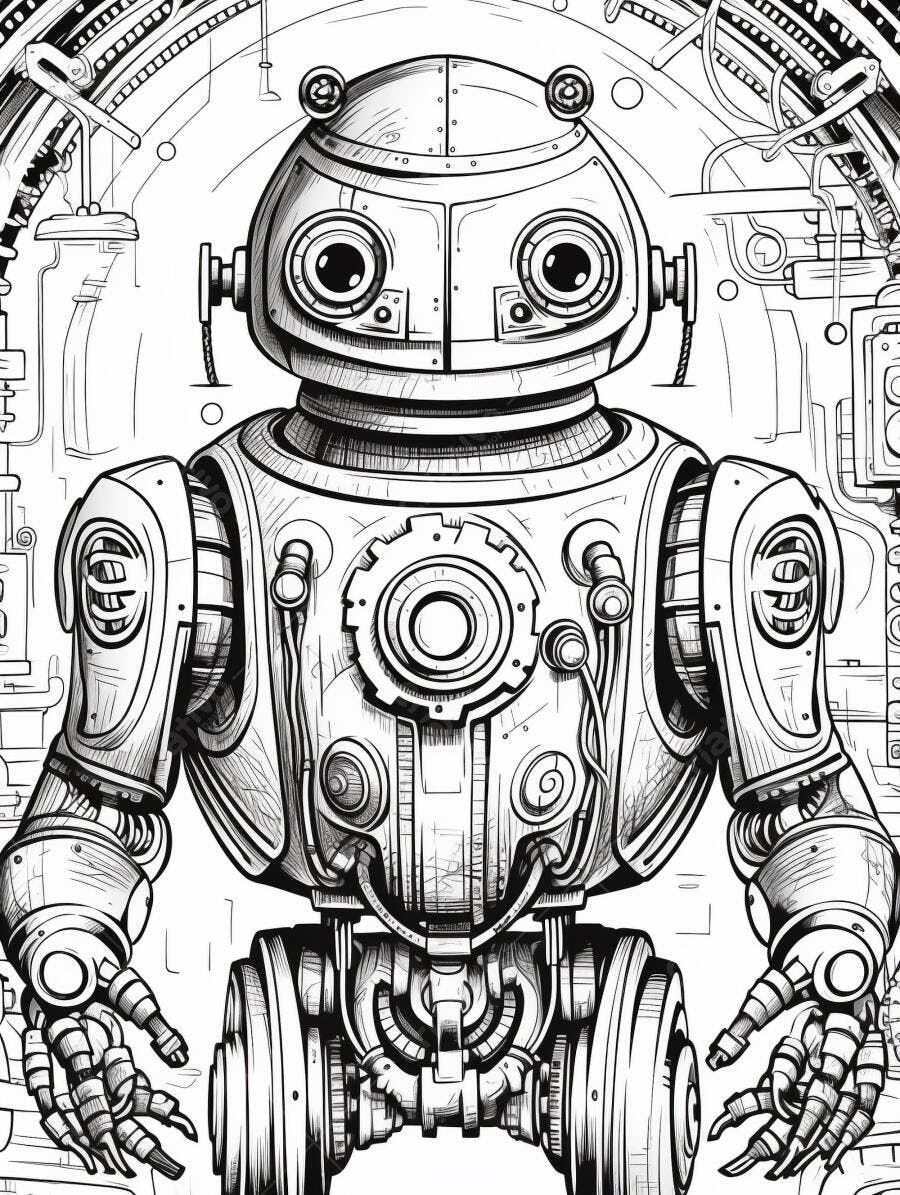 Robô detalhado de olhos grandes em desenho preto e branco com fundo industrial