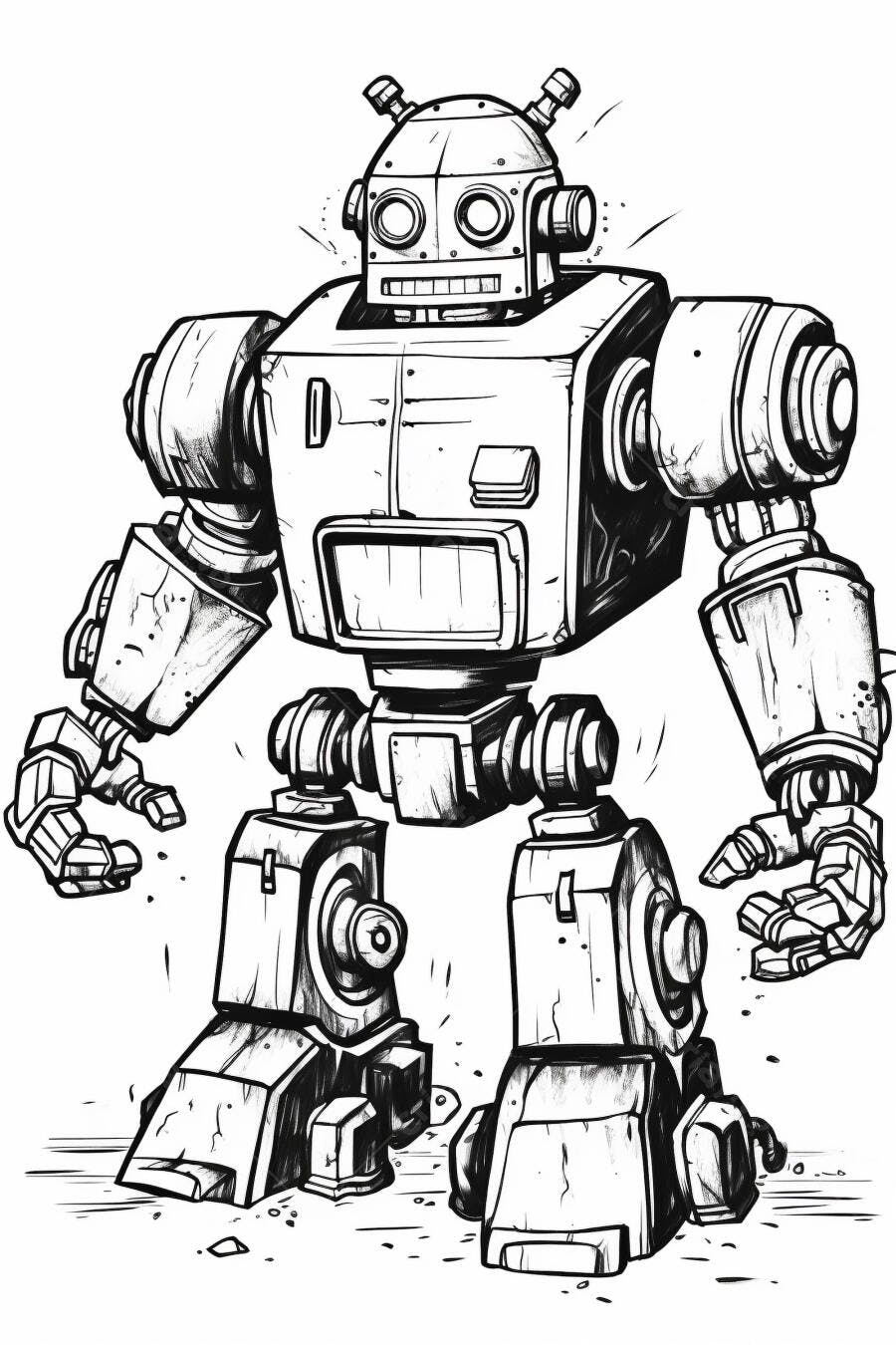 Robô amigável ilustração preto e branco estilo vintage com olhos grandes