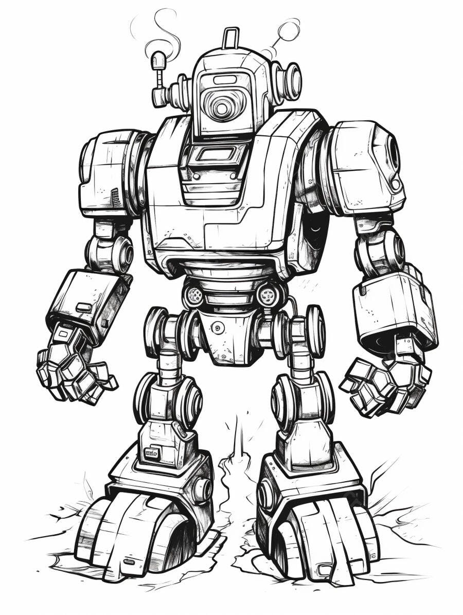Robô mecânico futurista em desenho preto e branco para tecnologia