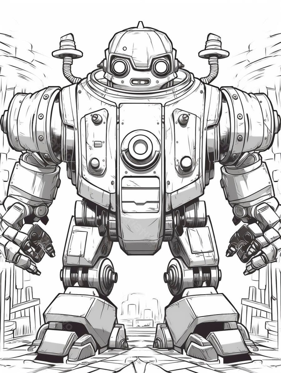 Robô mecha gigante detalhado em ilustração digital estilo quadrinhos futurista
