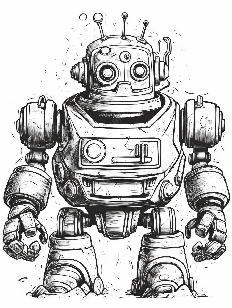 Robô ilustrado vintage em preto e branco com antenas e olhos grandes