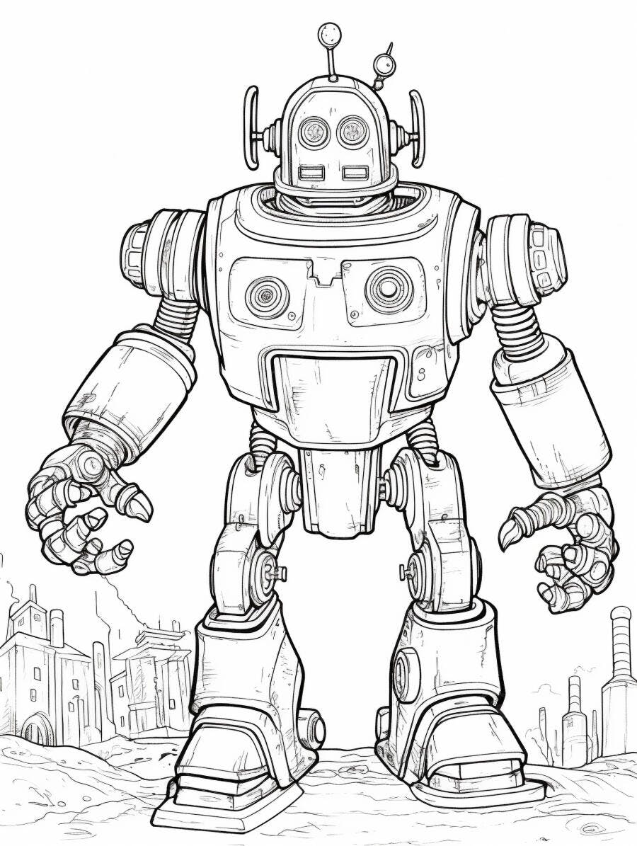 Robô vintage de ilustração em arte de linha com cenário industrial