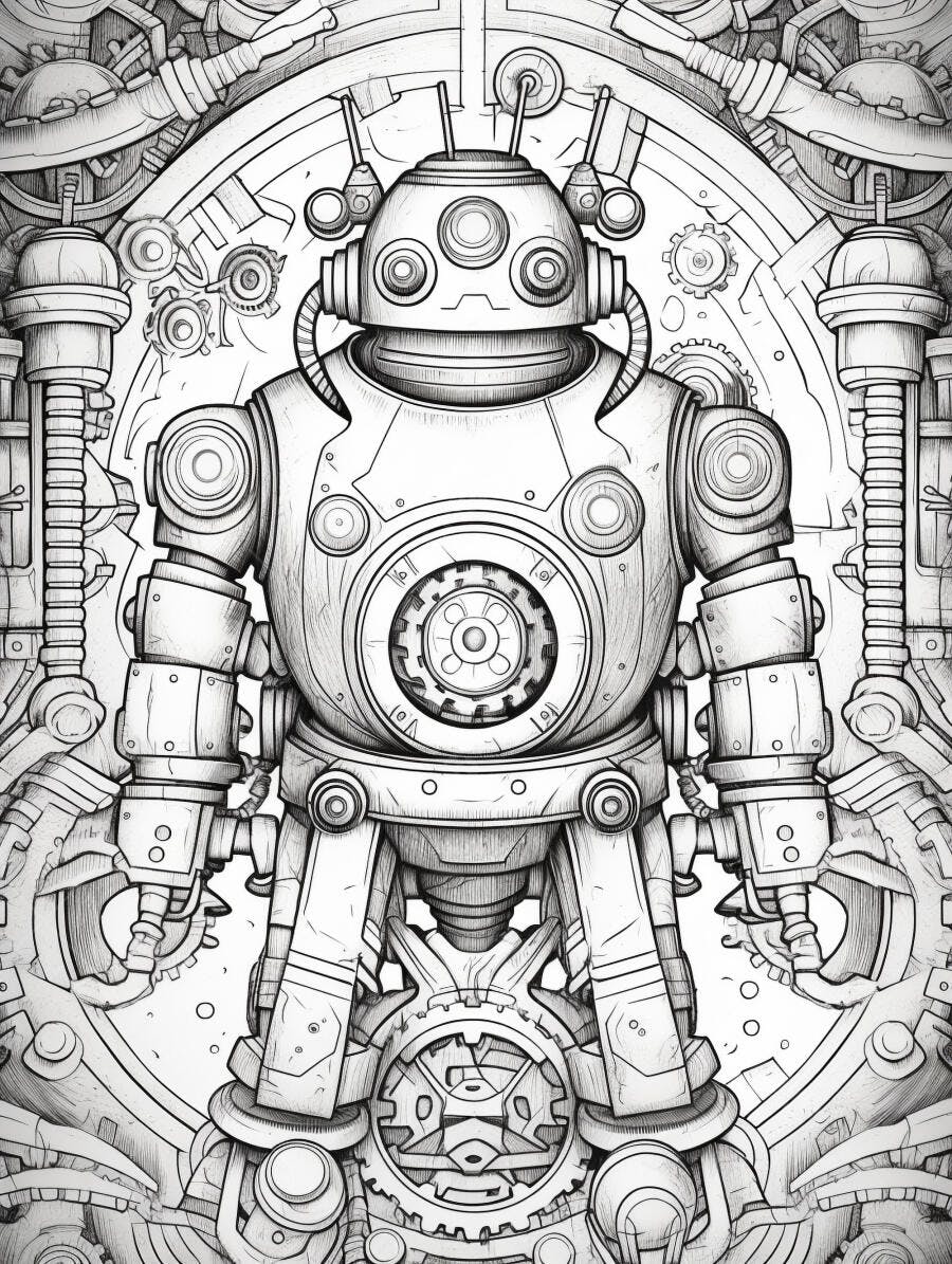 Robô mecânico detalhado em estilo retrofuturista desenho preto e branco