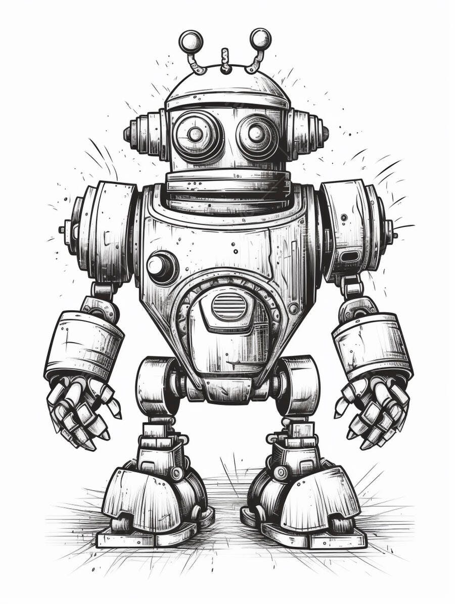 Robô mecânico vintage ilustração preto e branco com antenas