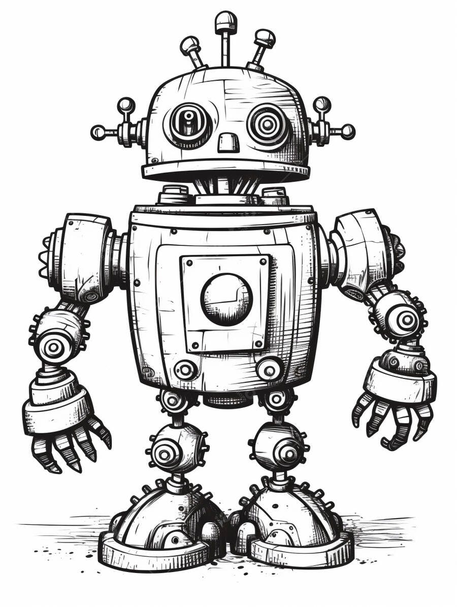 Robô vintage desenho preto e branco no estilo cartoon para crianças