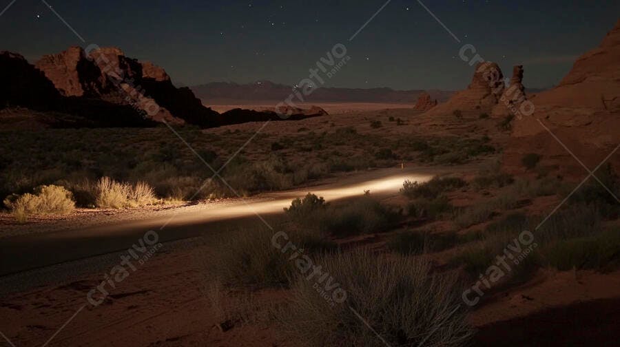 Estrada de terra no deserto rochoso à noite iluminada por farol sob céu estrelado