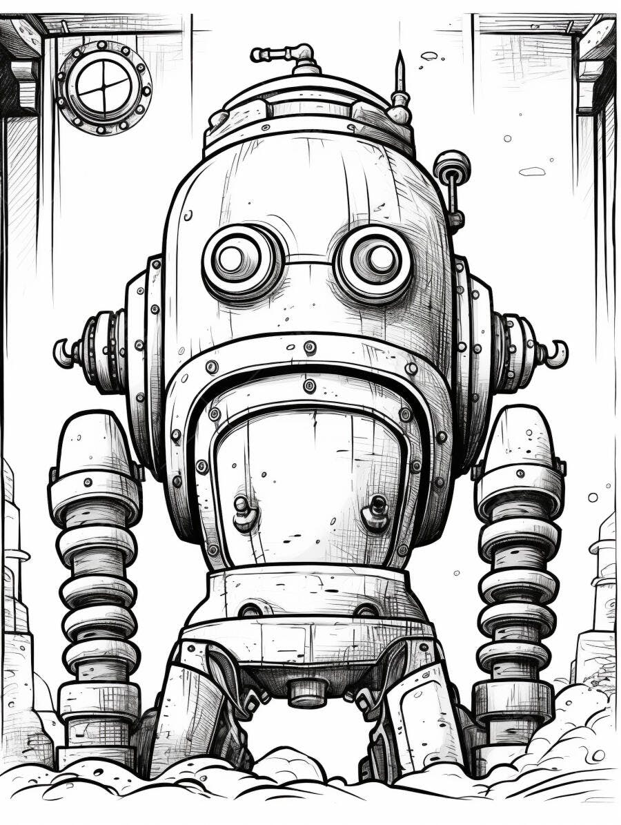 Robô steampunk em desenho preto e branco com grandes olhos e detalhes mecânicos