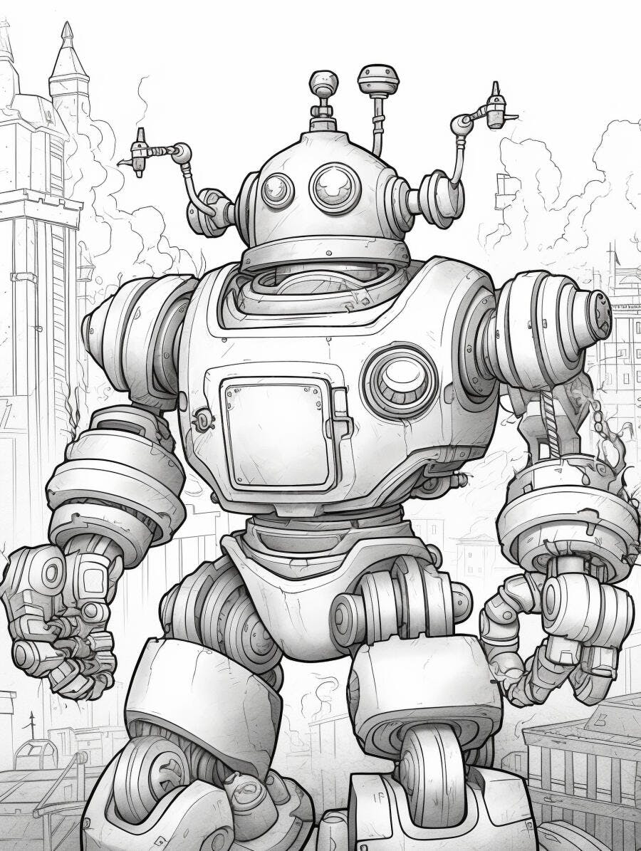Robô gigante mecânico desenho detalhado estilo steampunk em cenário urbano