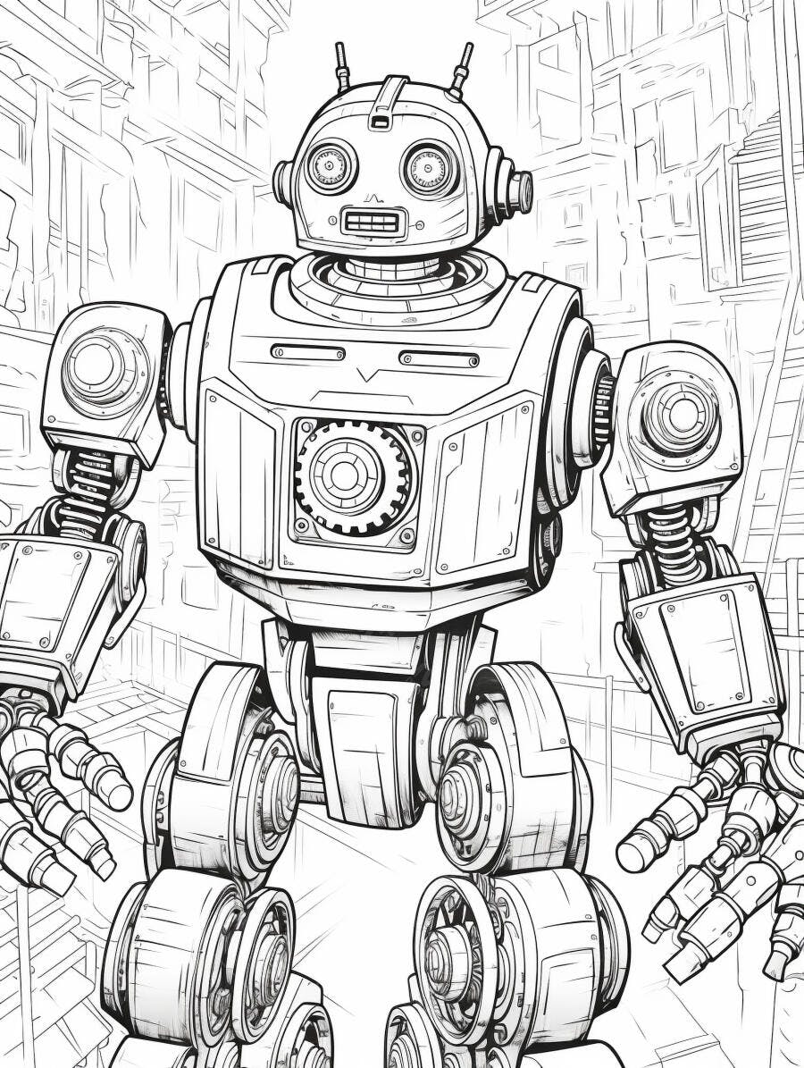 Robô vintage amigável em cenário urbano futurista desenho para colorir