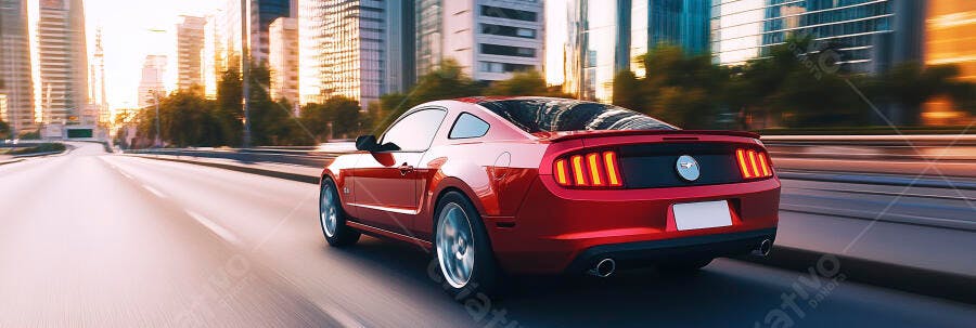 Carro esportivo vermelho em alta velocidade na cidade ao entardecer