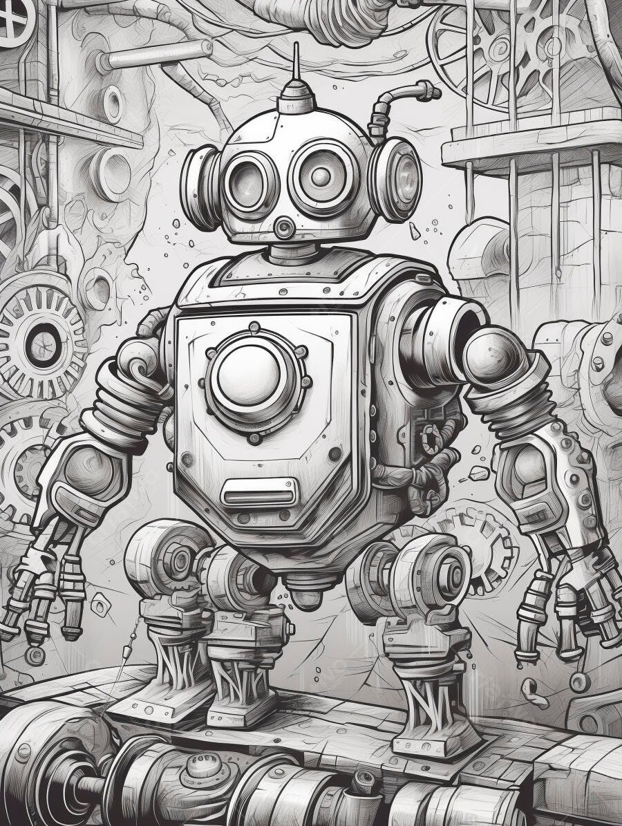 Robô steampunk vintage em oficina industrial com engrenagens e tubulações cinzas