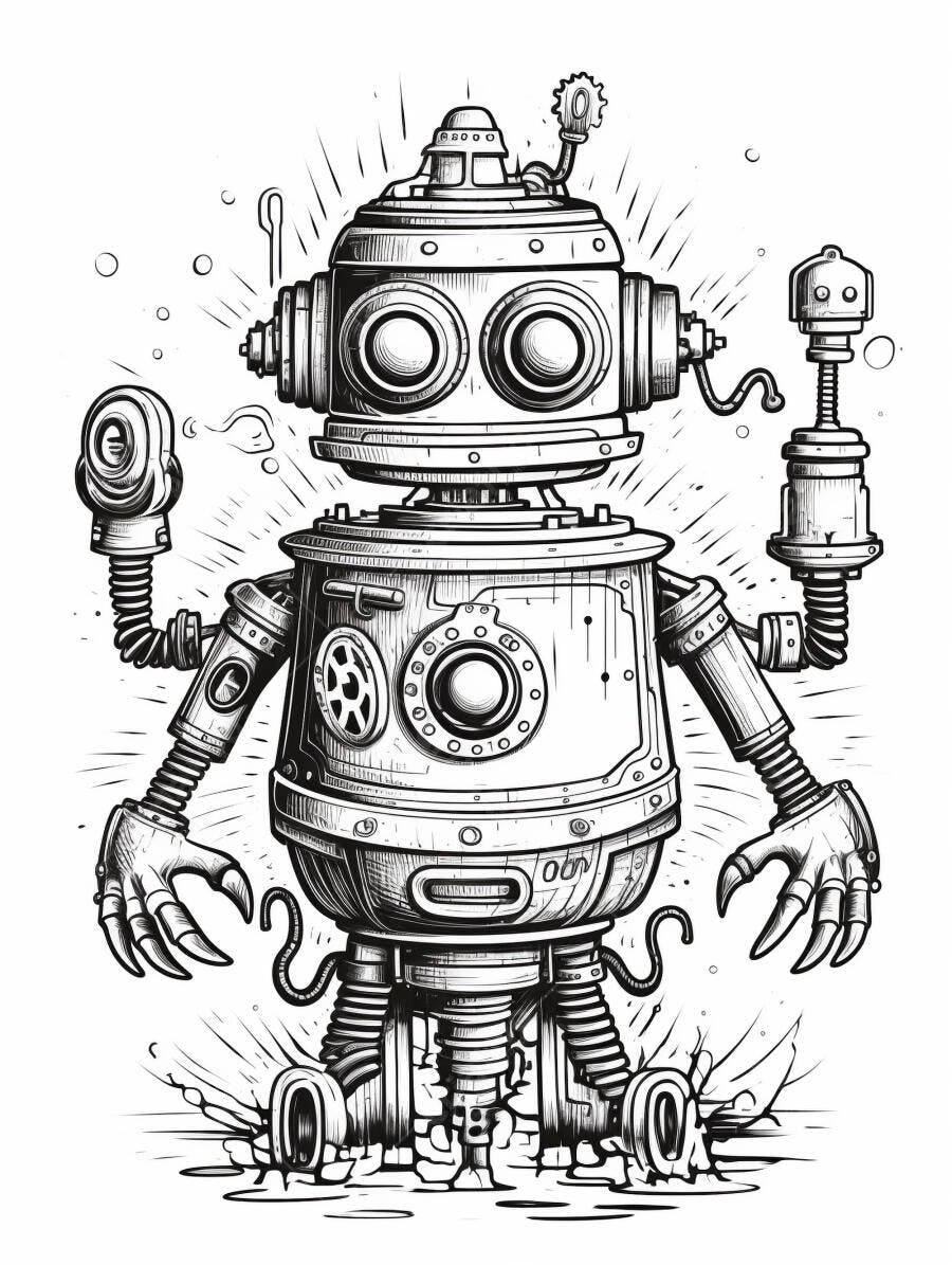 Robô vintage estilo steampunk desenho em preto e branco com detalhes mecânicos