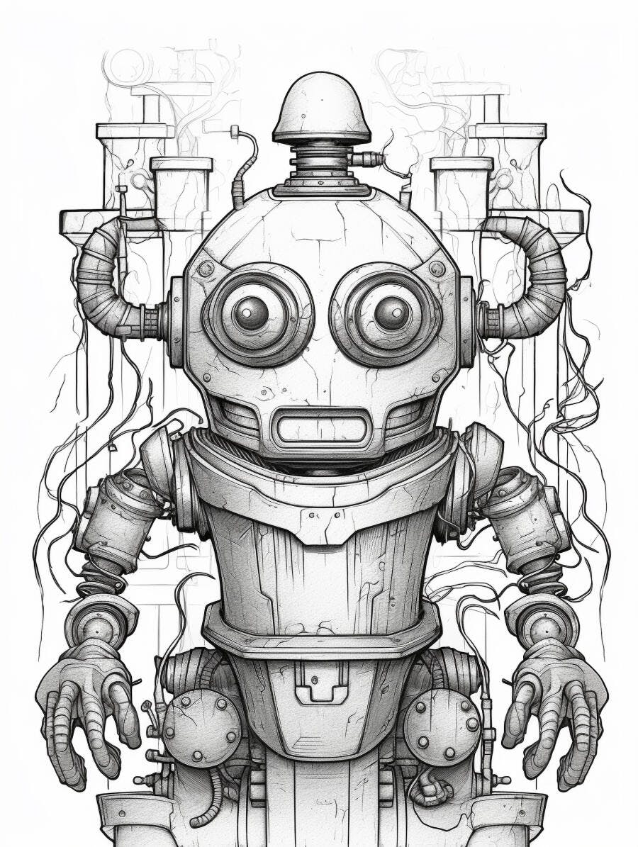 Robô steampunk vintage com olhos grandes e fios desenho preto e branco