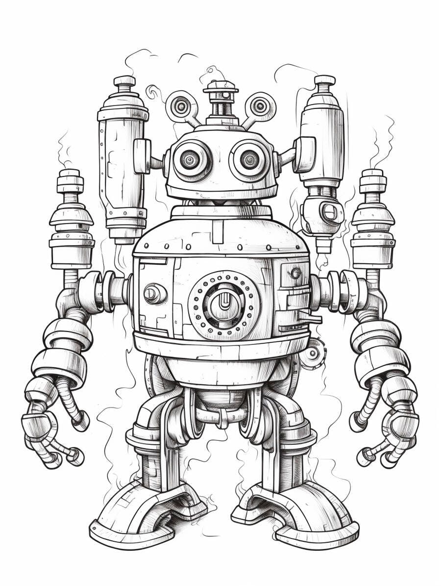 Robô steampunk a vapor desenho preto e branco com detalhes industriais