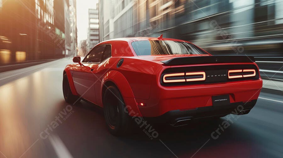 Carro esportivo vermelho em alta velocidade na rua da cidade ao entardecer