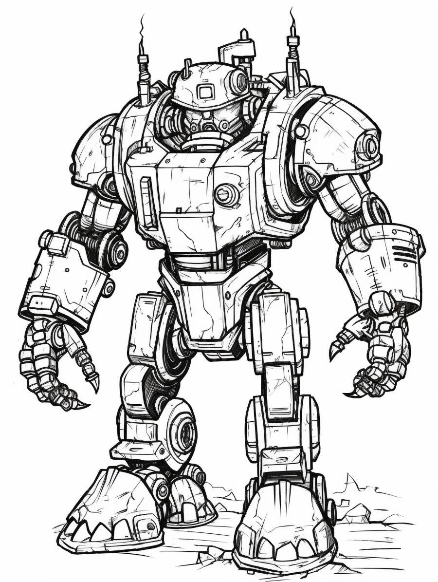 Robô mecânico robusto em estilo de desenho animado sobre escombros