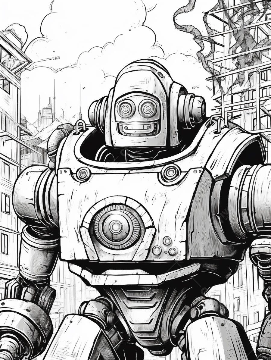 Robô gigante amigável em cidade futurista ilustração para colorir