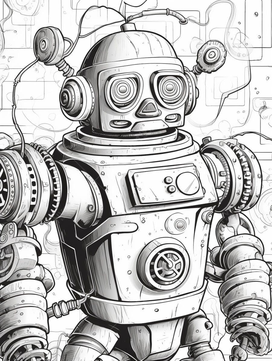 Robô vintage detalhado desenho para colorir preto e branco