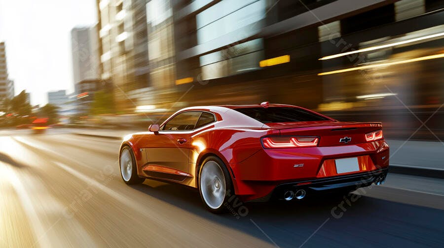 Carro esportivo vermelho em movimento na cidade ao pôr do sol