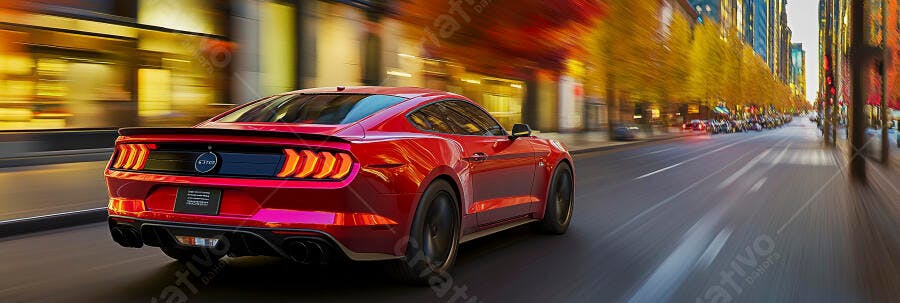 Carro esportivo vermelho em movimento na rua da cidade ao entardecer com árvores douradas