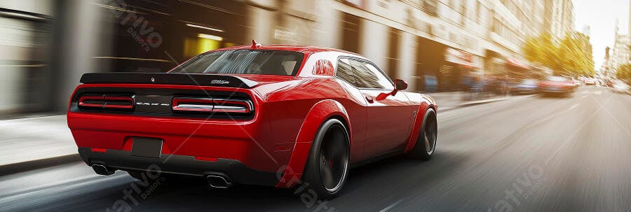 Carro esportivo vermelho em alta velocidade na rua da cidade