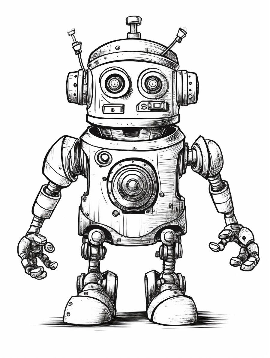 Robô vintage de desenho animado em preto e branco ilustração isolada