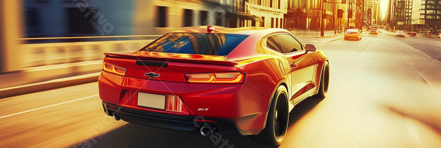 Carro esportivo Chevrolet Camaro vermelho em alta velocidade na cidade ao pôr do sol