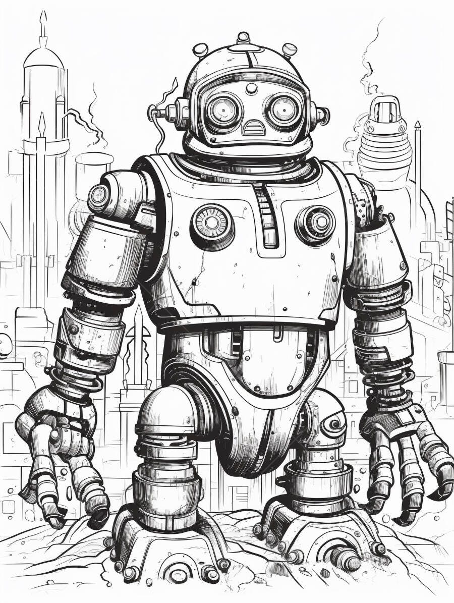 Robô mecânico desenho de linha em paisagem urbana industrial steampunk