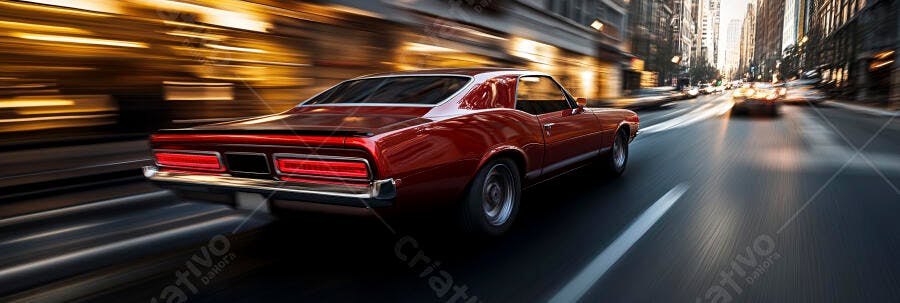Carro clássico vermelho em alta velocidade na rua da cidade à noite