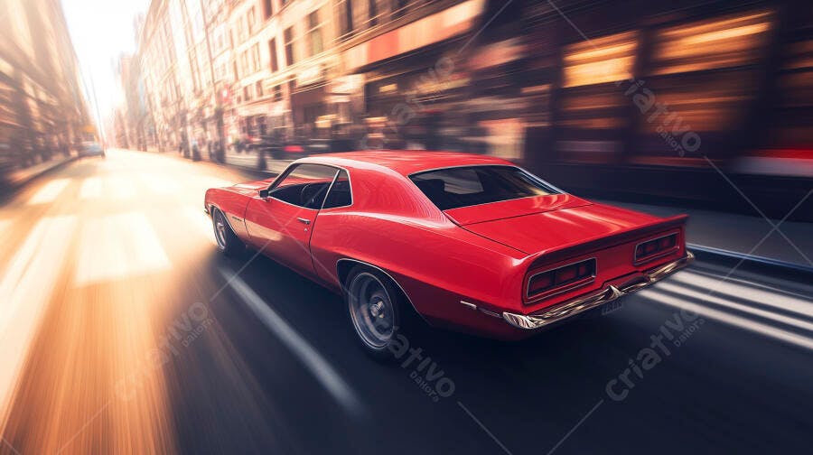 Carro esportivo vermelho clássico em alta velocidade na rua da cidade