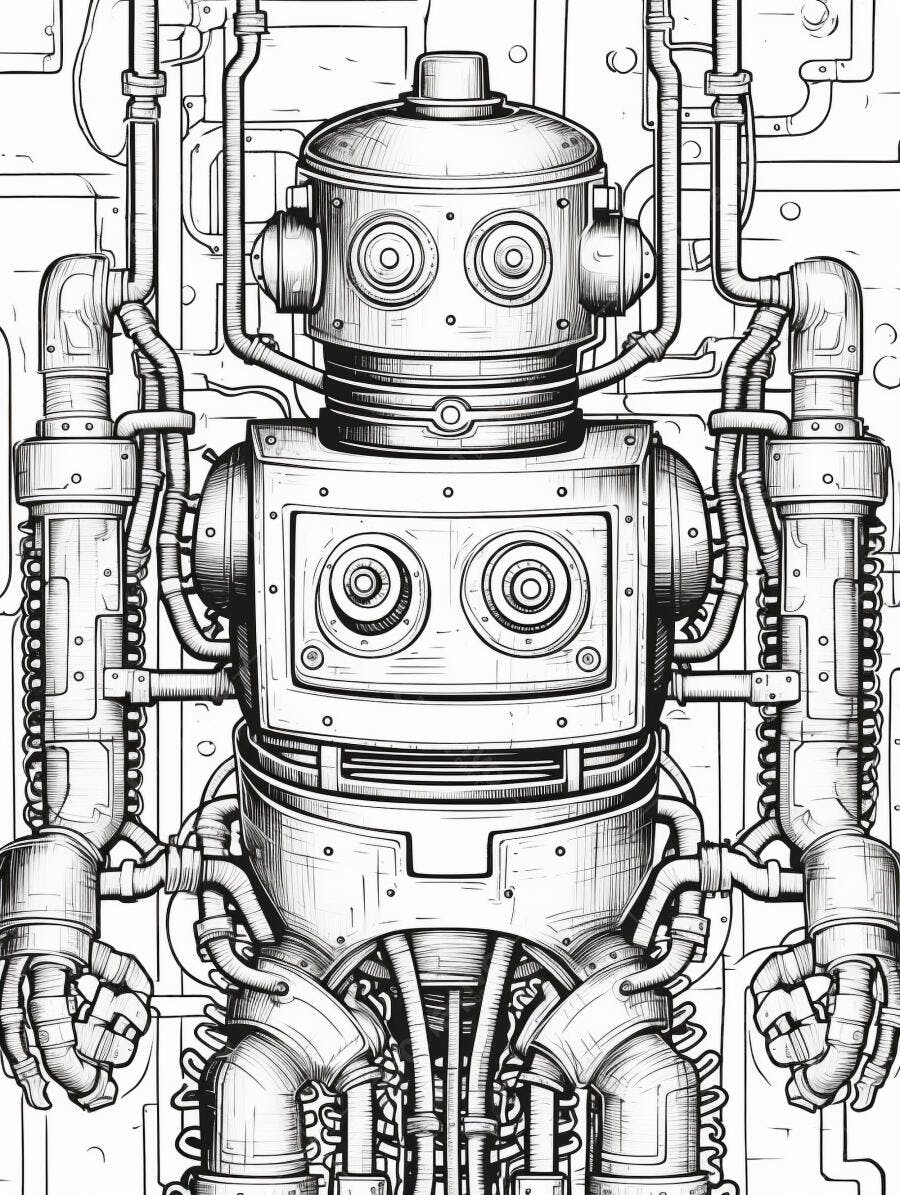 Robô de desenho em linha estilo industrial futurista preto e branco