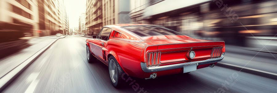 Mustang clássico vermelho em alta velocidade na rua da cidade