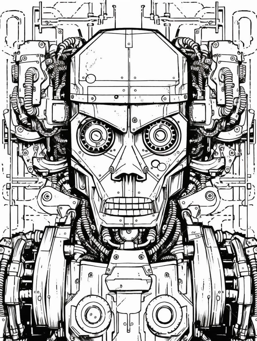 Robô cyborg face detalhada ilustração técnica preto e branco