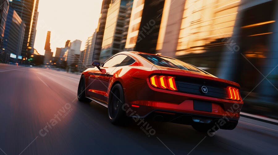 Carro esportivo vermelho acelerando na cidade ao pôr do sol