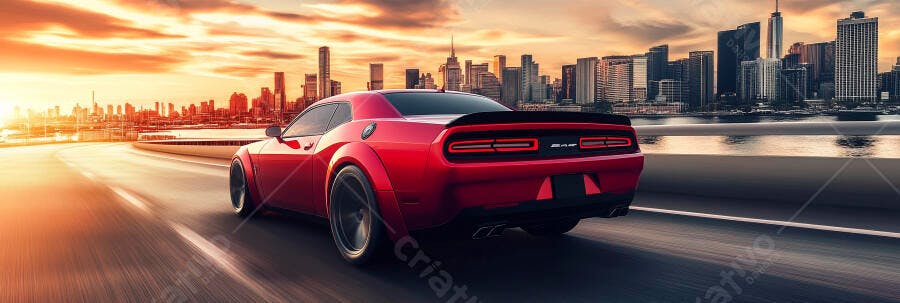 Carro esportivo vermelho na estrada ao pôr do sol com skyline urbano
