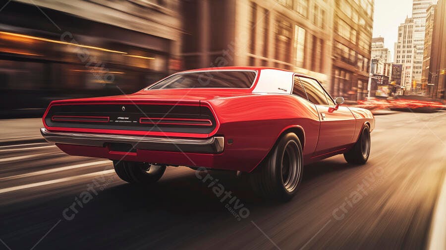 Carro clássico vermelho muscle car em alta velocidade na rua da cidade