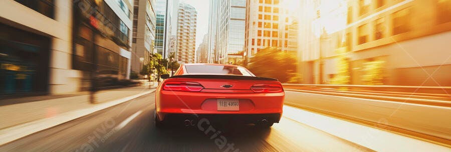 Carro esportivo vermelho em movimento na rua da cidade ao entardecer