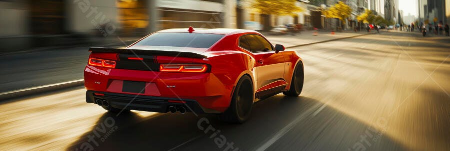 Carro esportivo vermelho em alta velocidade na rua da cidade ao entardecer